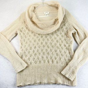 THE LOFT Womens L Cream Soft Knit Crochet Cowl Neck Long Sleeve Sweater Top